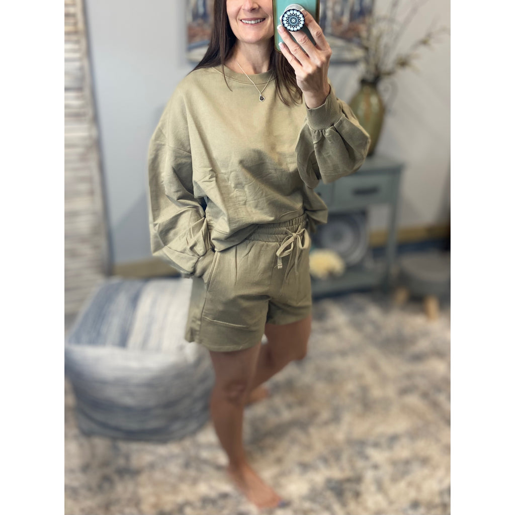 “A New Day” Lounge French Terry Drop Shoulder Drawstring Top & Bottom Set Khaki