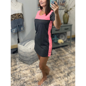 "You're The One" Scoop Neck Color Block Mini Summer Short Sleeve Tee Shirt Dress Gray Pink