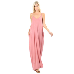 “Just a Little Bit Longer” V-Neck Cami Tank Maxi Long Tube Pocket Dress Rose Pink S/M/L/XL