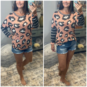 “Wild Thing” Round Neck Floaty Animal Print Leopard Striped Long Sleeve Pink S/M/L