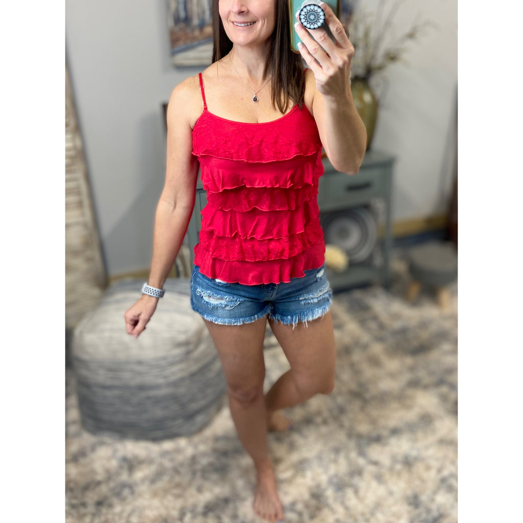 Tiered Ruffle Lace Scoop Neck Low Cut Cleavage Tank Spaghetti Strap Cami Top Red