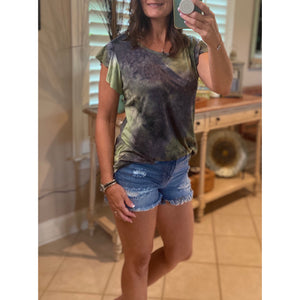 “Midnight Sky” Tie Dye Short Flutter Sleeve Round Neck Bottom Retro 70s Top Green Multi