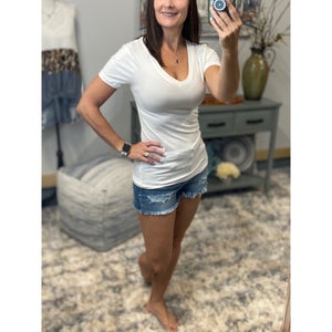 “Basic Babe” Low Cut V-Neck Cleavage Baby Slimming Basic Tee Shirt White 1X/2X/3X