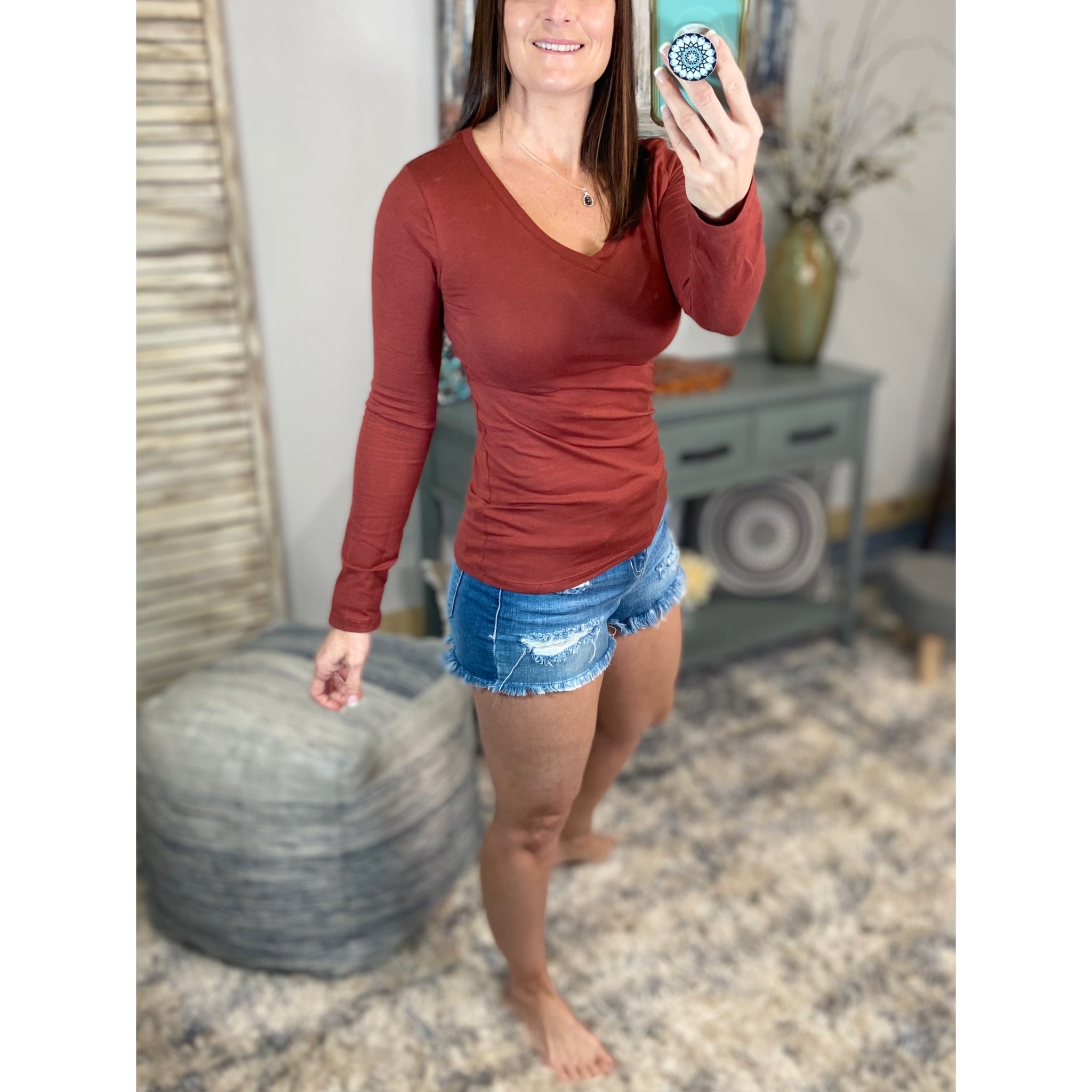 “Easygoing” Slimming V-Neck Low Cut L/S Tissue Basic Baby Shirt Top Dk Rust S/M/L