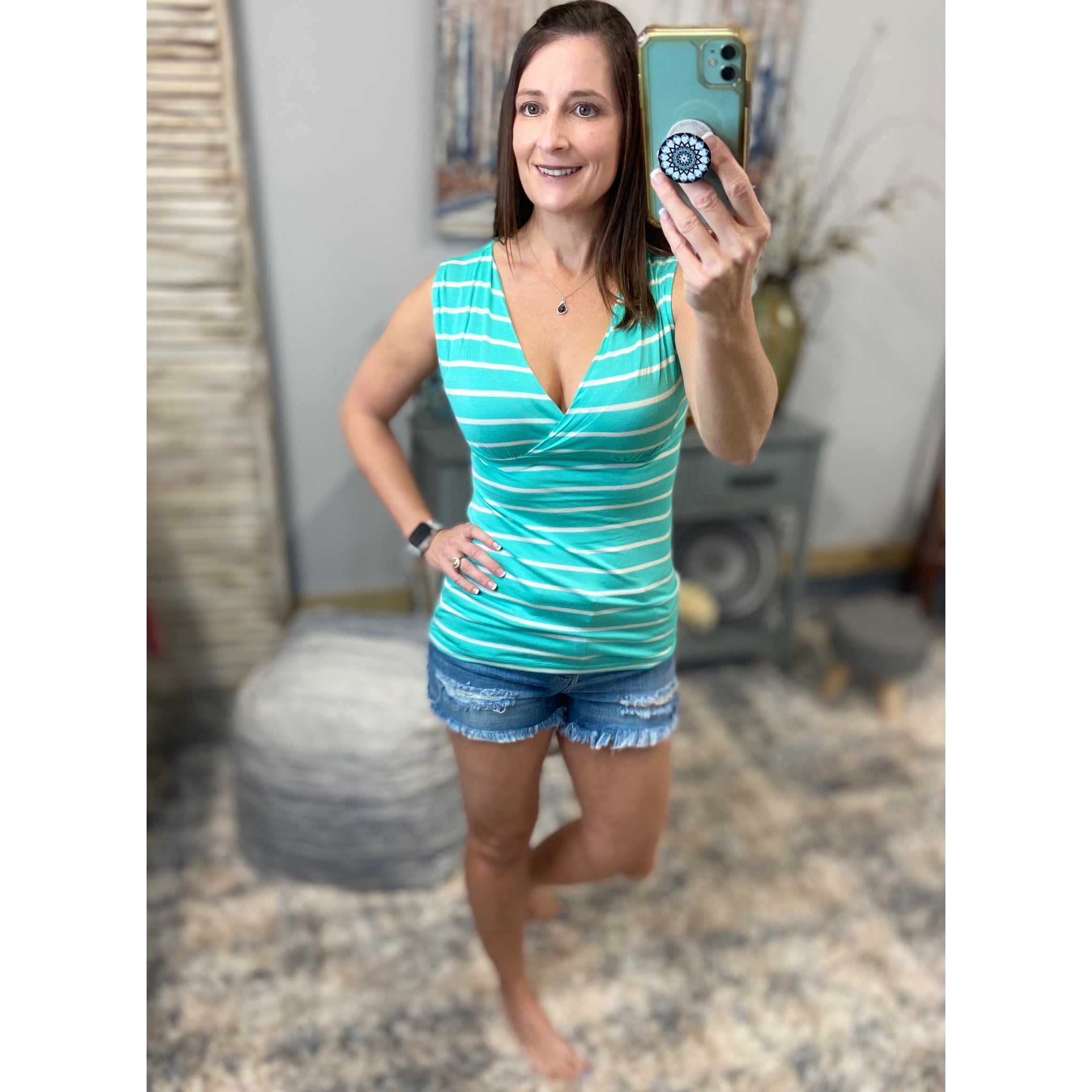 Striped Low Cut Cleavage Empire Faux Wrap Summer Tank Top Mint S/M/L
