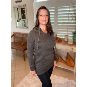 “I Can’t Wait for Winter” Kangaroo Pocket Drawstring Hoodie Banded Bottom Raglan Sleeve Gray