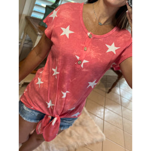 "Don't Stop Believing" Star Print 4th of July America Floaty Henley Self Tie Red S/M/L
