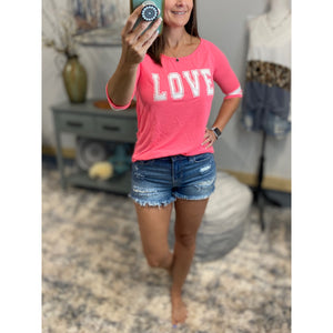 “Love On The Run” LOVE Sporty Football Sporty Floaty Scoop Tee Shirt Neon Pink S/M/L
