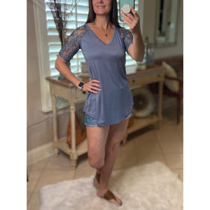 "All About The Lace" Lace Short Sleeve V-Neck Rounded Bottom Dressy Blue S/M/L/XL