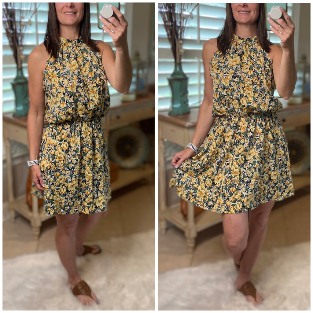 "You Are The Reason" Floral Halter Neckline Blouson Sleeveless Keyhole Tie Floaty Fall Dress Yellow