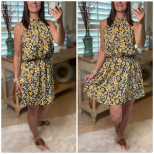 "You Are The Reason" Floral Halter Neckline Blouson Sleeveless Keyhole Tie Floaty Fall Dress Yellow