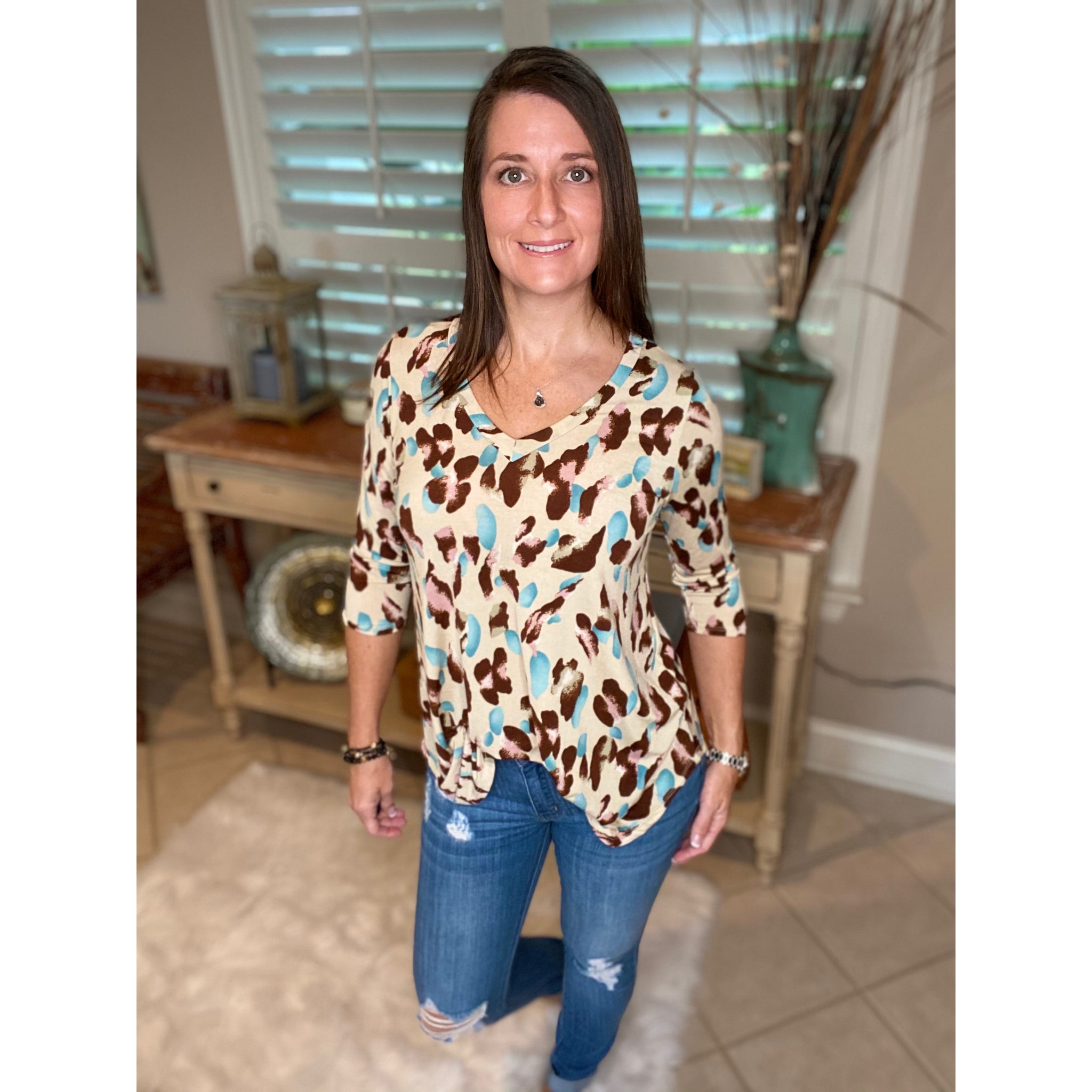 “Too Good To Be True” Leopard Print V Neck Quarter Sleeve Round Bottom Floaty Taupe Pink
