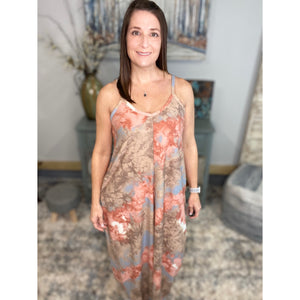 “In The Springtime” Maxi Dress Tie Dye French Terry V Neck Cami Tank Long Tube Pocket Summer Peach Blue