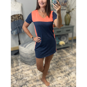 "You're The One" Scoop Neck Color Block Mini Summer Tee Shirt Dress Navy Orange S/M/L