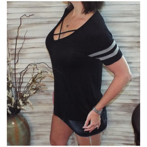 Sexy Sporty Striped Low Cleavage V-Neck Criss Cross Cutout Strappy Black S/M/L