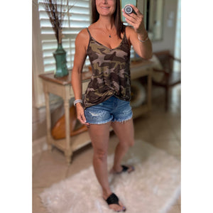 “Heat Wave” Reversible Camouflage Low Scoop Or V Neck Spaghetti Strap Tank Top Green
