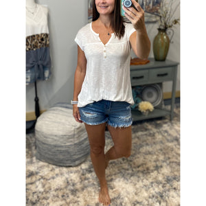 “Just Be You” Sheer Burnout Melange Tissue V Neck Henley Tab Sleeve Shirt Floaty Tee White S/M/L