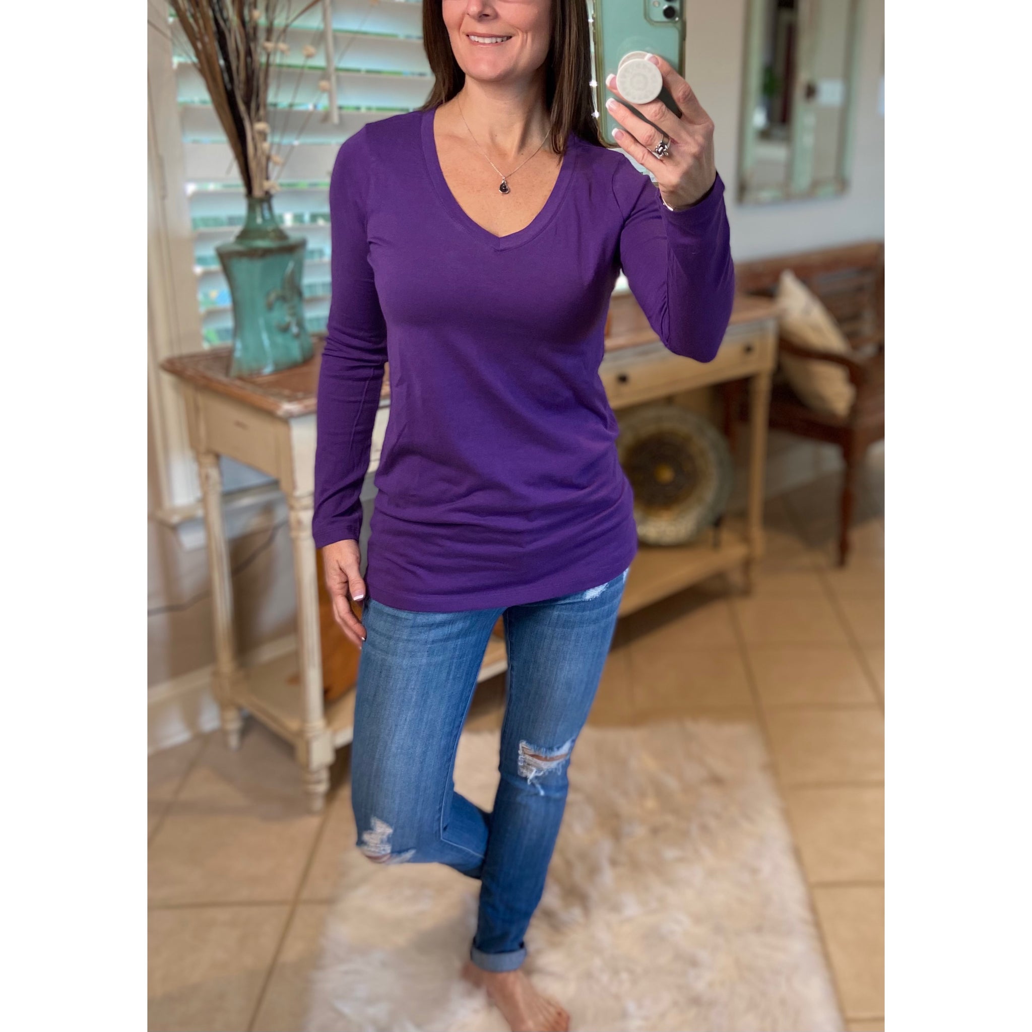 “Be My Baby” Loose Slimming V-Neck Low Cut Long Sleeve Tissue Basic Baby Shirt Top Purple