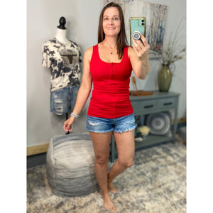 “Let The Sun Shine” Ribbed Henley Low Cut Boy Beater Cleavage Fitted Tank Top Red