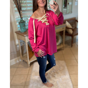 “All The Rage” V Neck Lace Up Eyelet Tie Caged French Terry Deep V-Neck Long Sleeve Pink