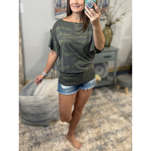 Camouflage Boat Neck Ribbed Short Ruffle Sleeve Top Green S/M/L