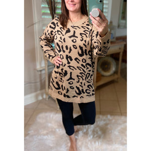 Oversized Leopard Bishop Sleeves Crew Neck Tunic Sweater Top Khaki Black