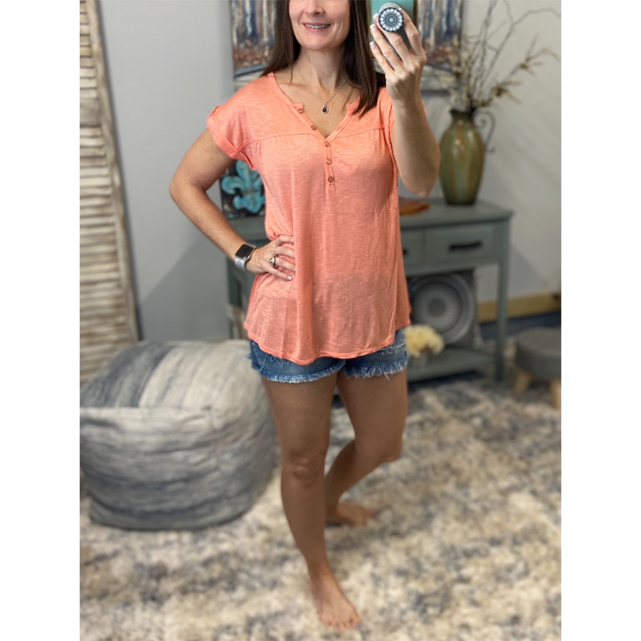 “Just Be You” Sheer Burnout Melange Tissue V-Neck Henley Tab Sleeve Shirt Floaty Tee Peach