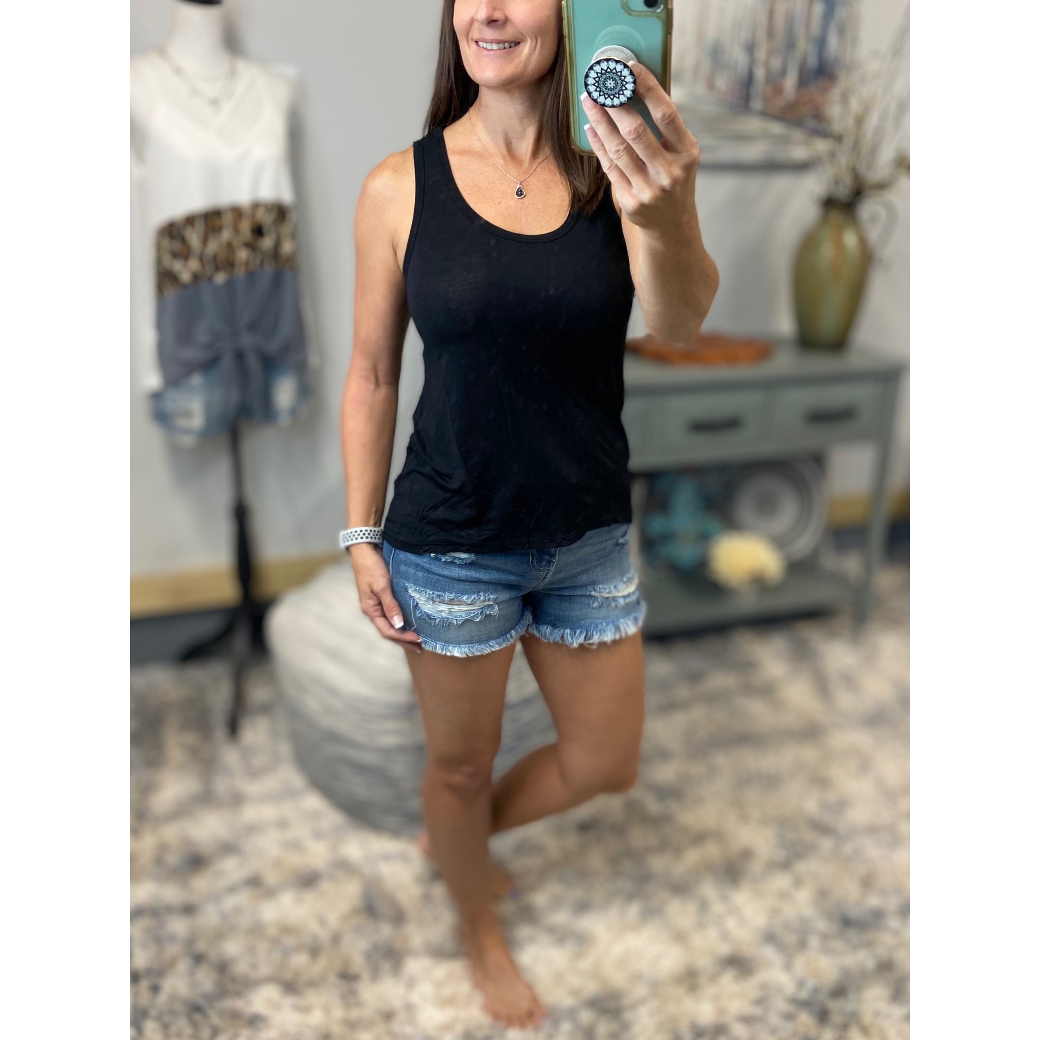 Zipper Racerback Sleeveless Scoop Neck Cleavage Floaty Summer Tank Top Black