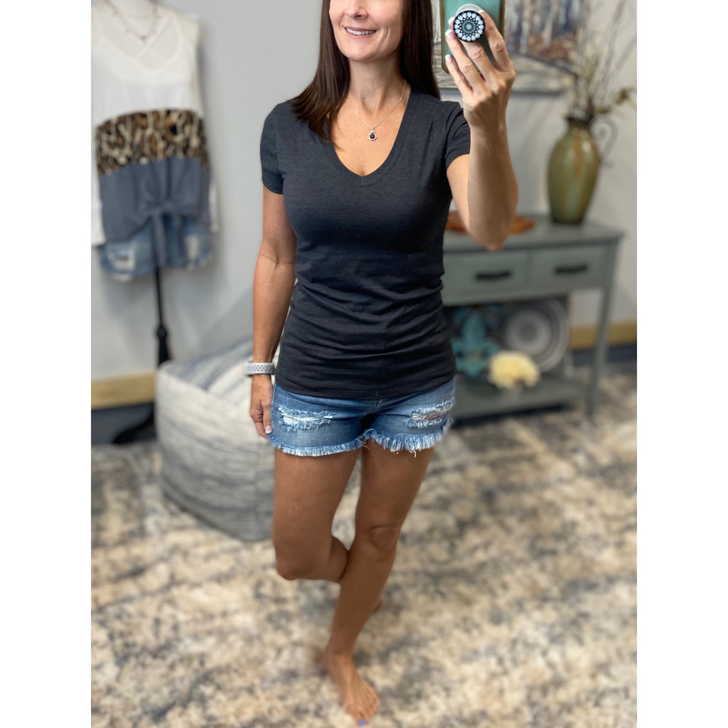 “Basic Babe” Low Cut V-Neck Cleavage Baby Slimming Basic Tee Shirt Charcoal Plus