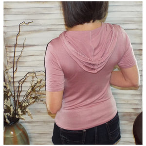 Sexy Sporty Crew Neck Striped Sleeve Drawstring Hoodie Mauve Pink S/M/L