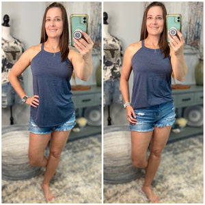 Tri Rocker Racerback Scoop Neck Floaty Trendy Tank Top Navy Blue S/M/L/XL