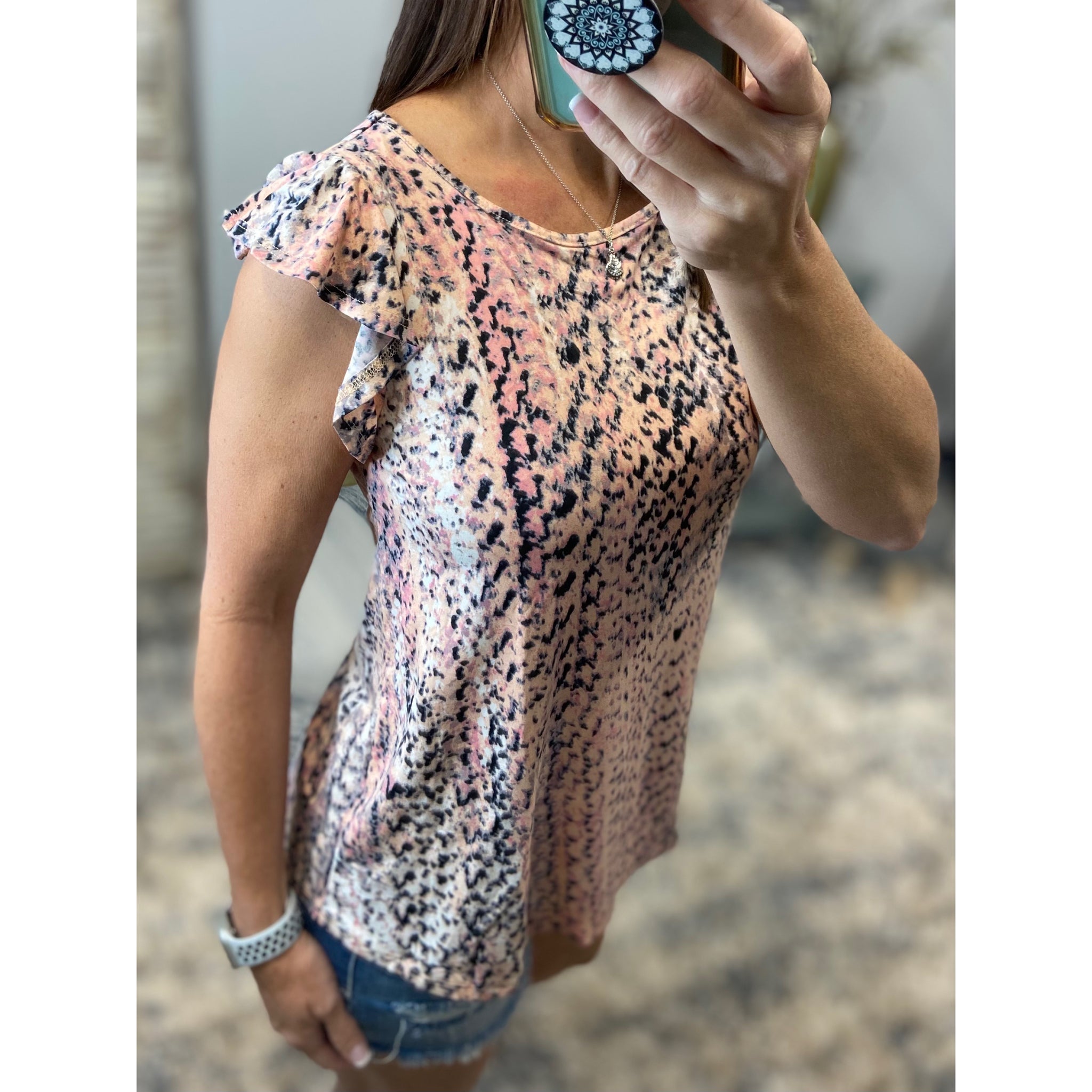 “I’ve Come a Long Way” Snake Print Short Flutter Ruffle Sleeve Round Neck Floaty Summer Blouse Top Pink