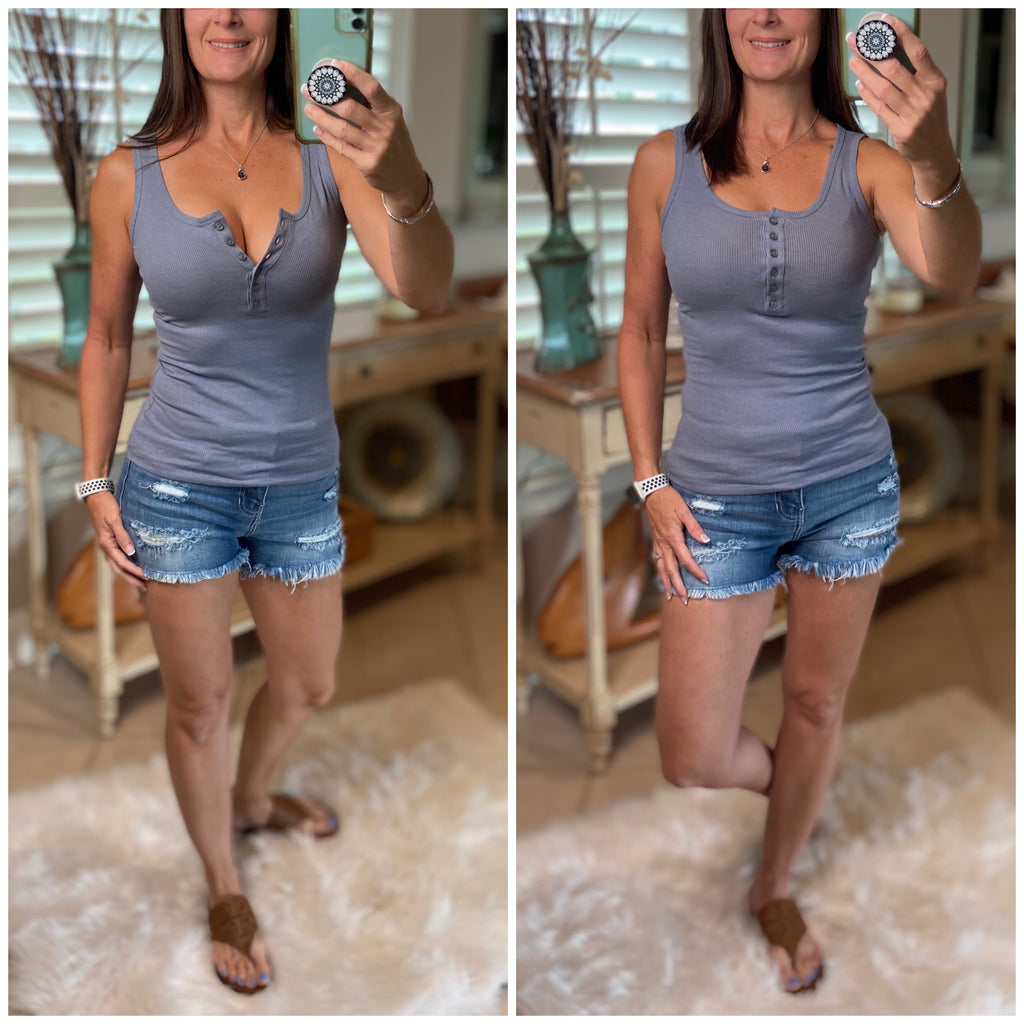 “Let The Sun Shine” Ribbed Henley Low Cut Boy Beater Cleavage Fitted Tank Top Blue