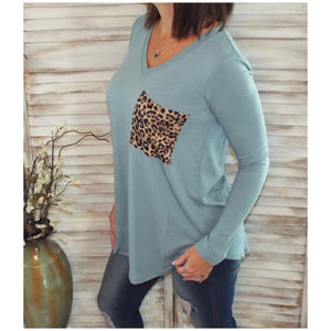 V Neck Floaty Leopard Animal Print Pocket Long Sleeve Floaty Loose Blue