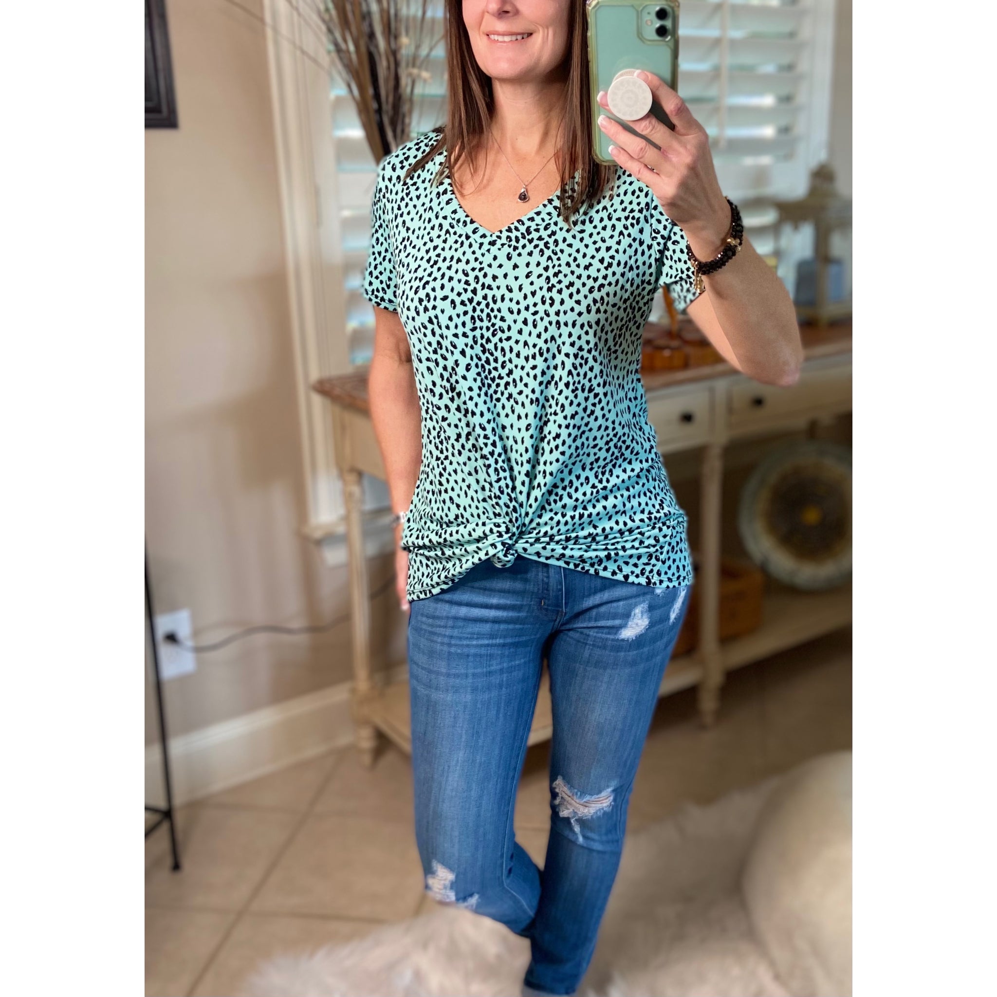 “Up Is The Only Way” Leopard Short Sleeve V-Neck Bottom Floaty Top Mint Black S/M/L