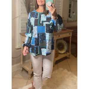 “I Have the Blues” Bohemian Floral Patchwork Print High Neck Boho Dressy Top Blue
