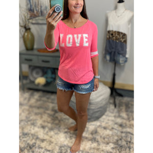 “Love On The Run” LOVE Sporty Football Sporty Floaty Scoop Tee Shirt Neon Pink S/M/L