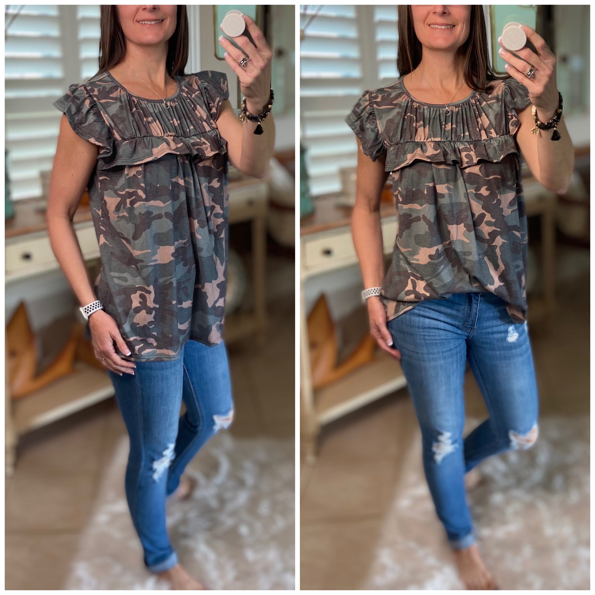 “I’m Still A Girl” Camouflage Gathered Chest Short Ruffle Sleeve Top Green S/M/L/XL