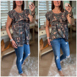 “I’m Still A Girl” Camouflage Gathered Chest Short Ruffle Sleeve Top Green S/M/L/XL
