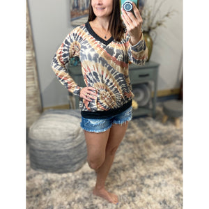 “When I Come Around” Swirl Tie Dye French Terry Long Sleeve V-Neck Banded Bottom Top Multi