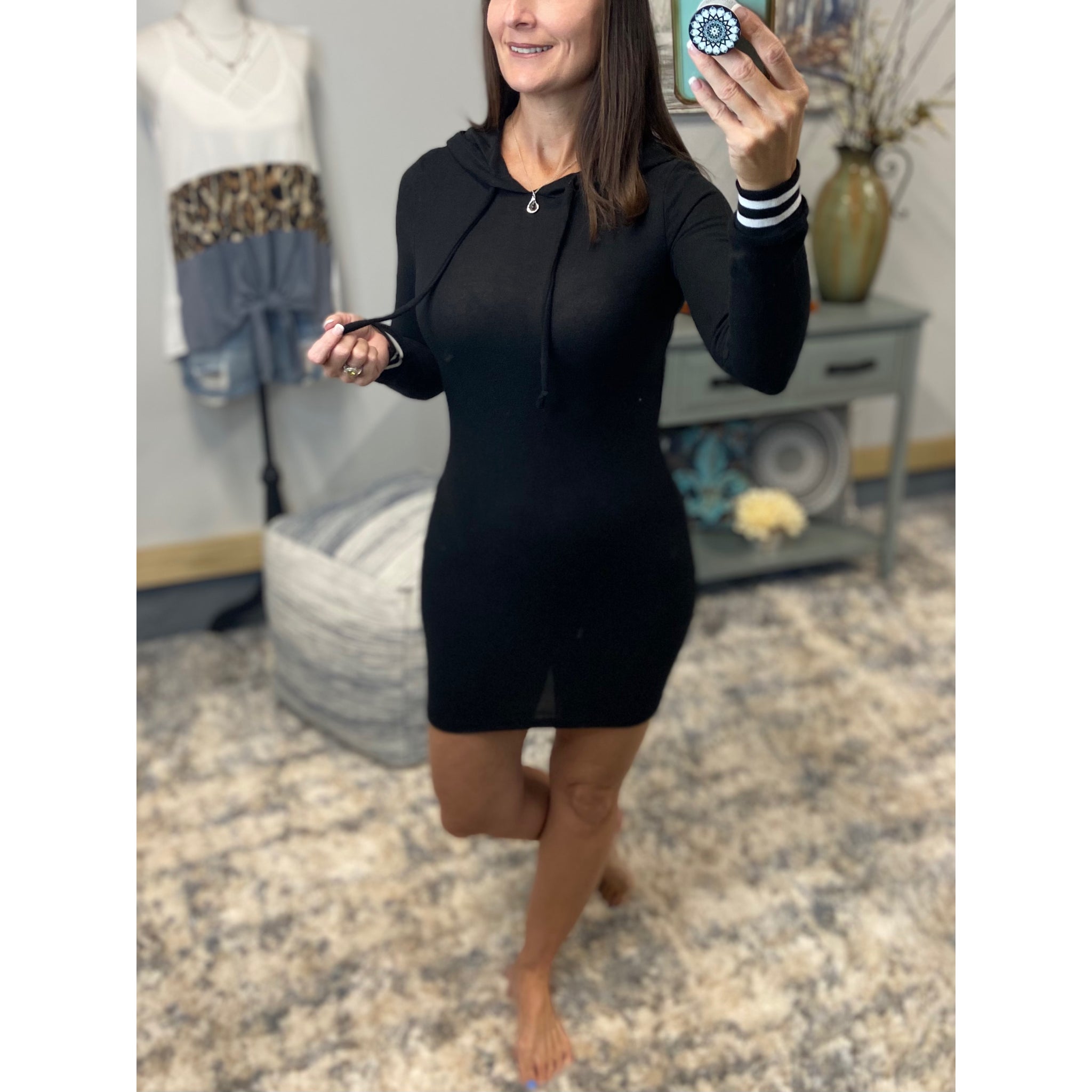"Let It Rock" Sporty Athletic Hoodie Lightweight Long Sleeve Varsity Sweater Contrast Dress Black