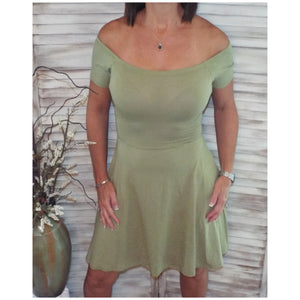 Sexy Off Shoulder Cross Back A-Line Short Sleeve Flare Dress Sage Green S/M/L