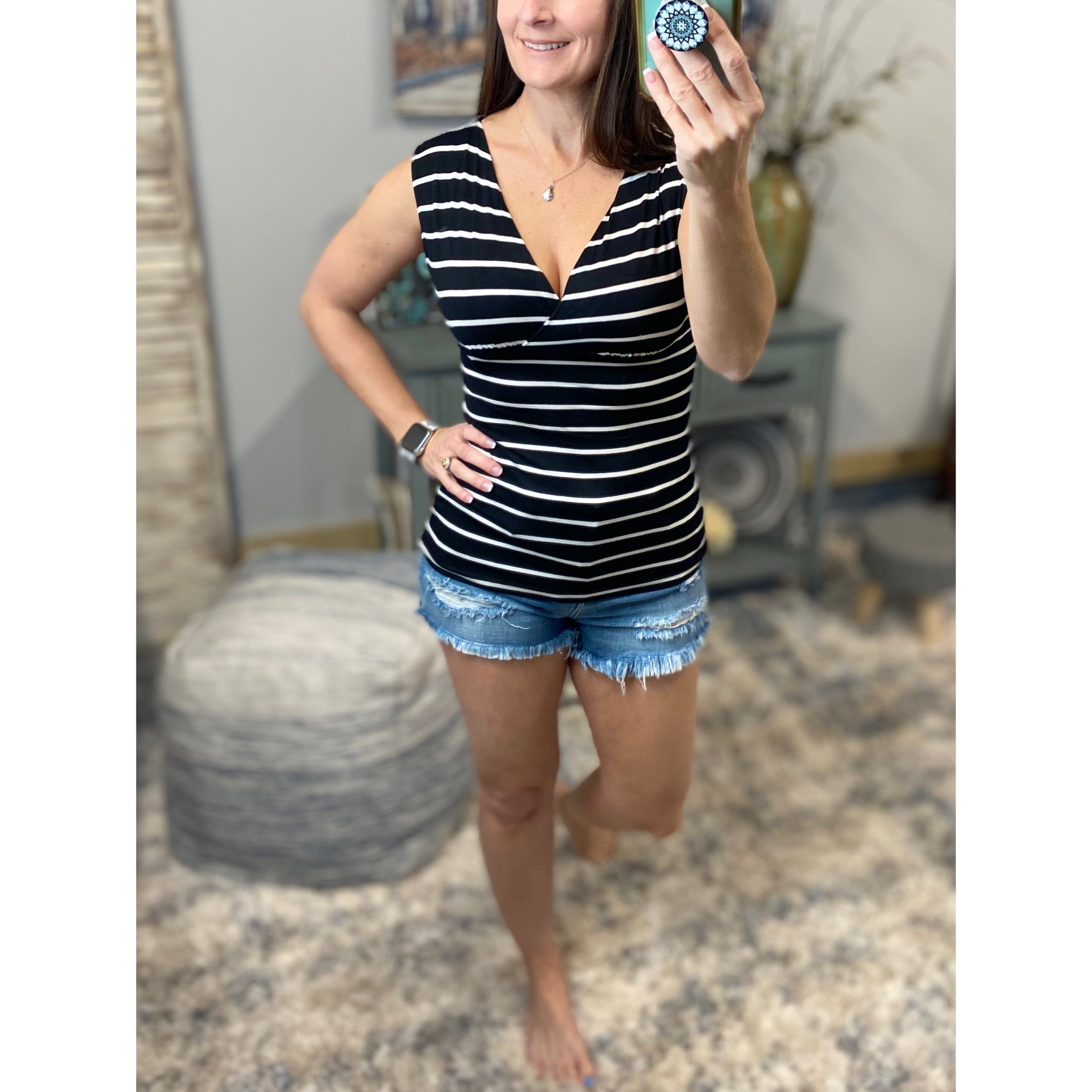 Striped Low Cut Cleavage Empire Faux Wrap Summer Tank Top Black S/M/L