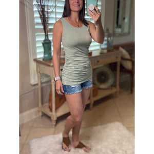 "All Summer Long" Scoop Neck Ruched Gathered Sides Sleeveless Summer Top Sage S/M/L/XL