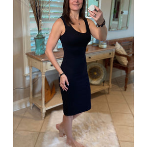 Scoop Neck Cleavage Bodycon Sleeveless Midi Summer Tank Dress Black