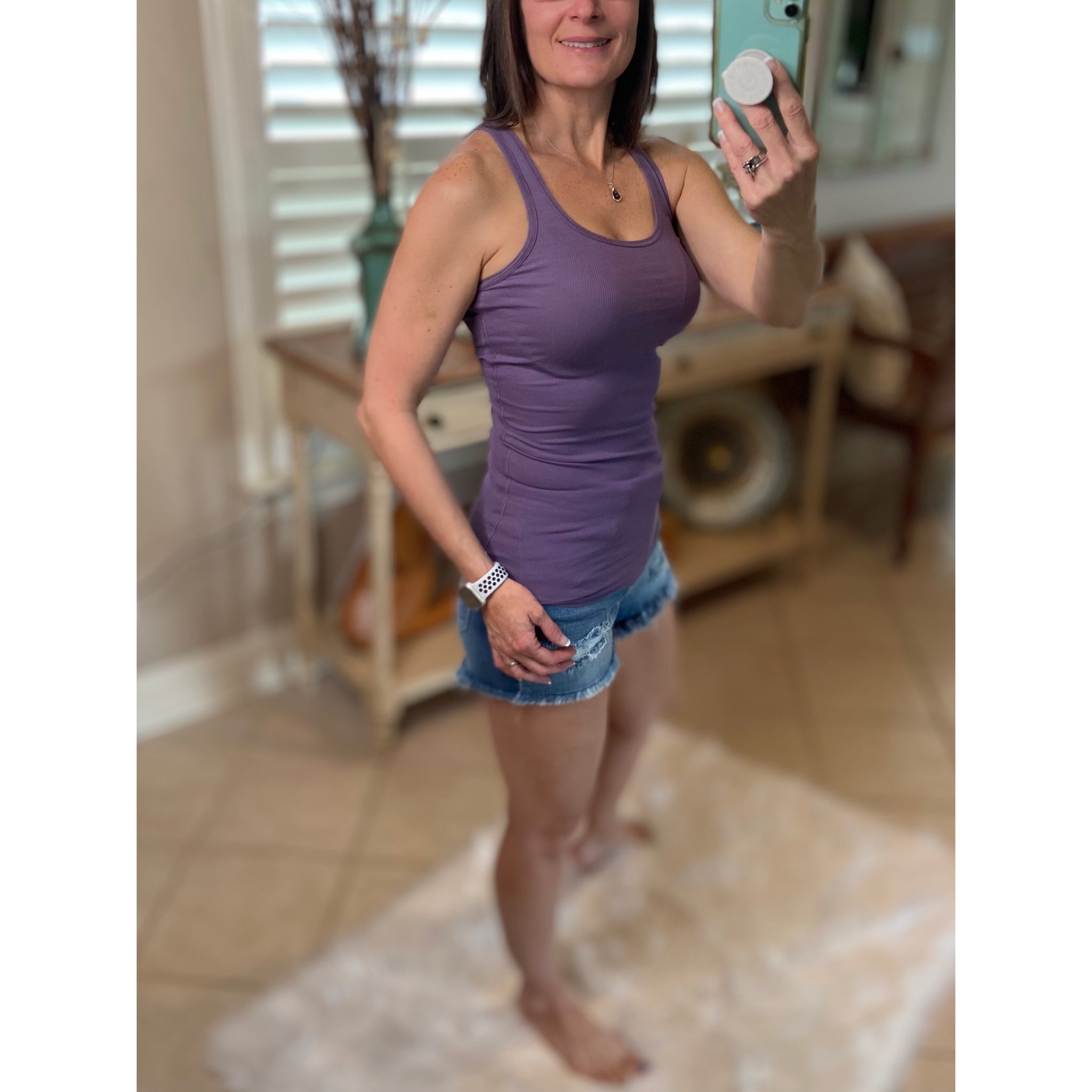 “Can’t Touch This” Ribbed Low Scoop Boy Beater Cleavage Fitted Tank Top Purple Lilac S/M/L