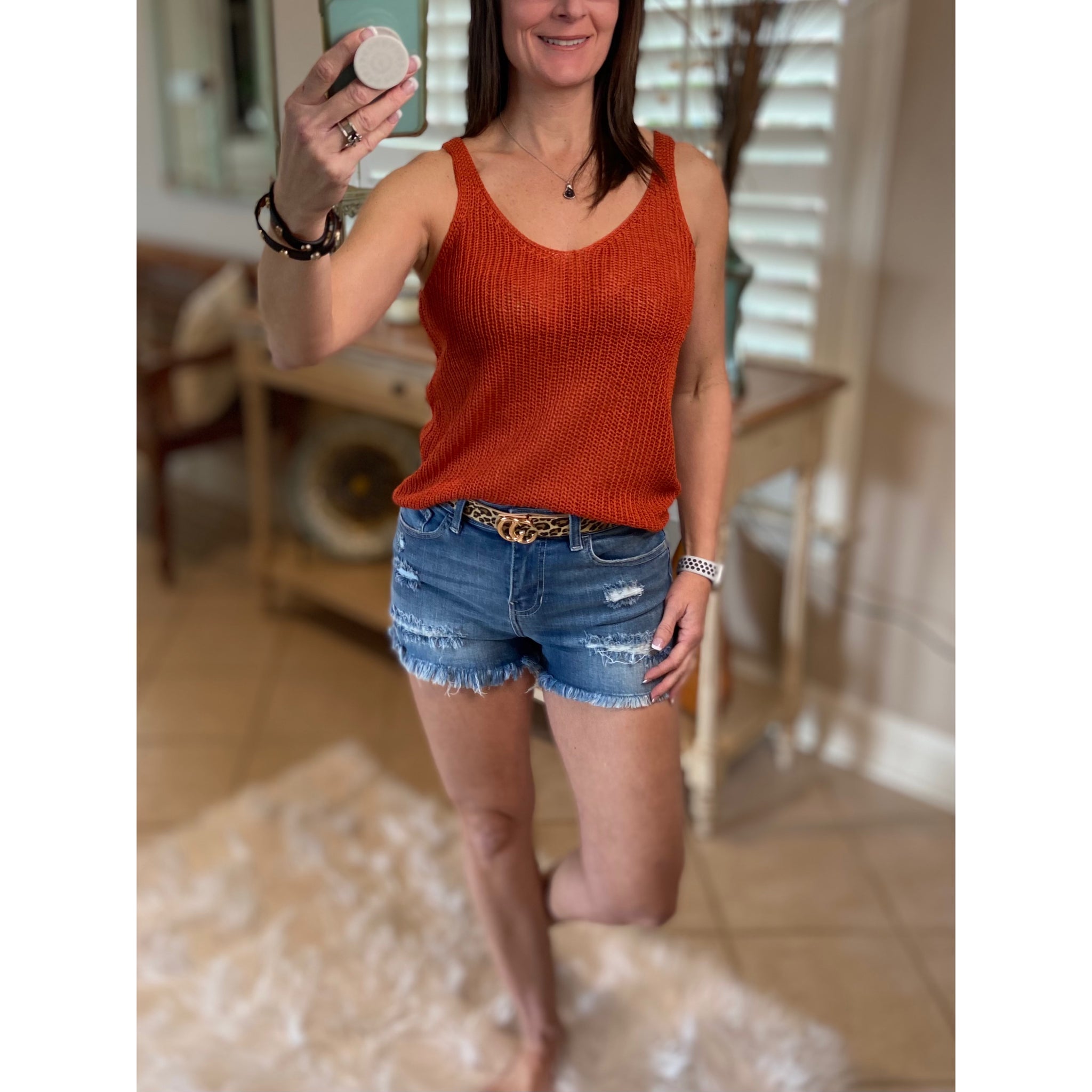 “Spring Fling” Sexy Low Double V Neck Back Sleeveless Dressy Sweater Tank Rust