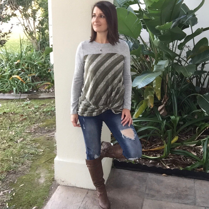 "All Tied Up" Striped Color Block Contrast Knot Front Light Sweater Long Sleeve Green