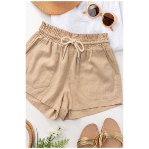 Basic Linen Pocket Drawstring Elastic Waist Dressy Shorts Bottoms Taupe S/M/L