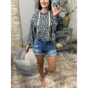“Yes, I Can” Cropped Leopard French Terry Drawstring Hoodie Crew Neck Long Sleeve Gray